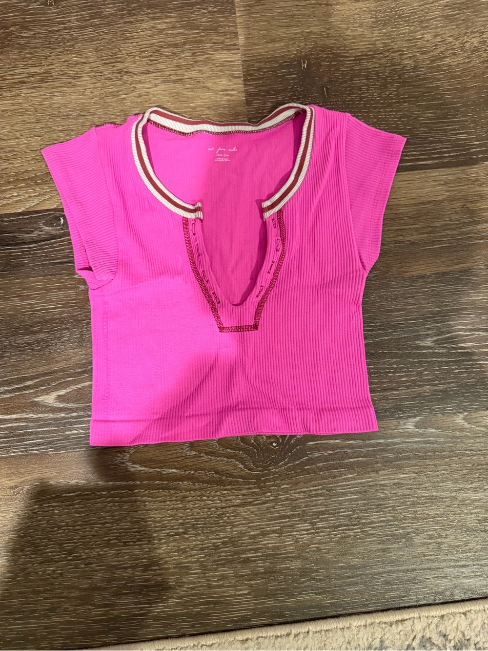 Urban Outfitters Hot Pink Ribbed Crop Top with Striped Neck Trim